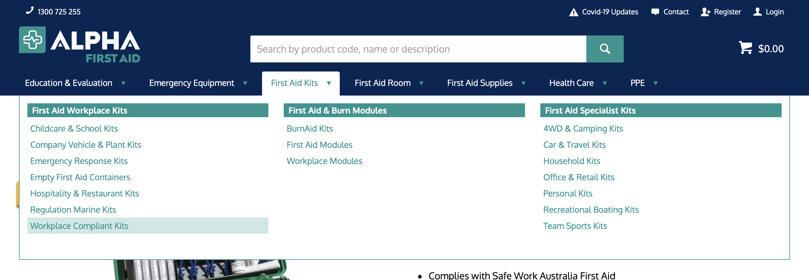 First Aid Kits menu dropdown